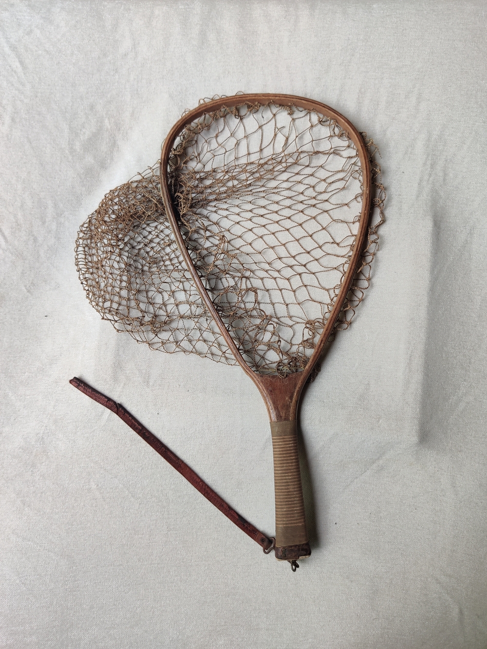 Antique Trout Fly Fishing Landing Net Twine Cord Wrapped Handle Cabin DECOR ONLY